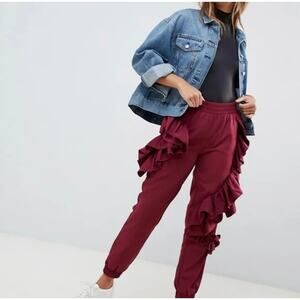 ASOS Ruffle Tapered Pants, Wine Red, 100% Polyester, Statement Joggers Lounge